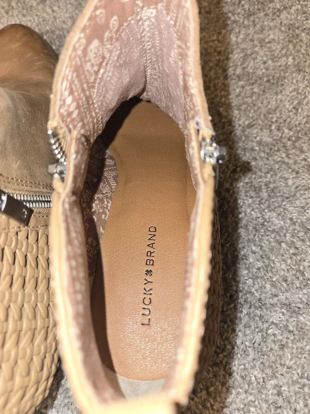 Lucky Brand Basel Tan Leather Ankle Bootie Side Zip US 10M Boho Minimalist